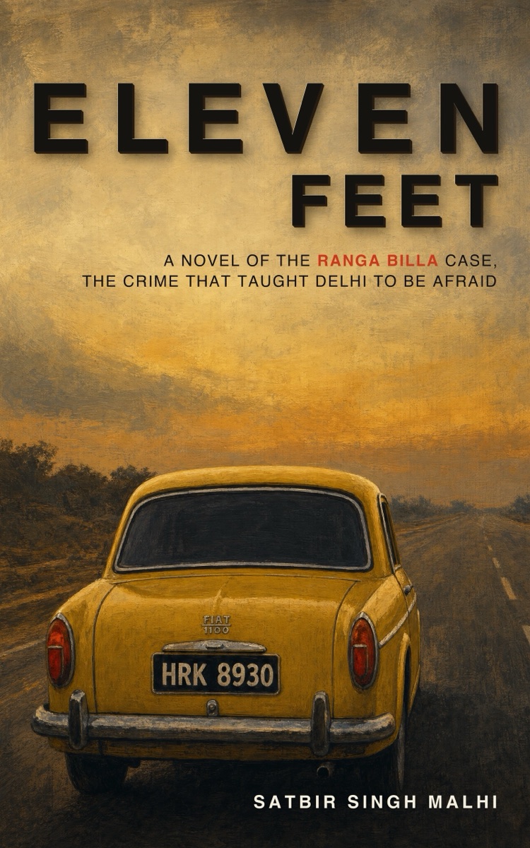 Eleven Feet book cover: a yellow Fiat on an empty road at dusk